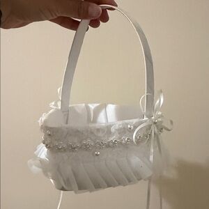 White Bridal Flower Girl Basket with Pearl & Crystal Trim Heart shape